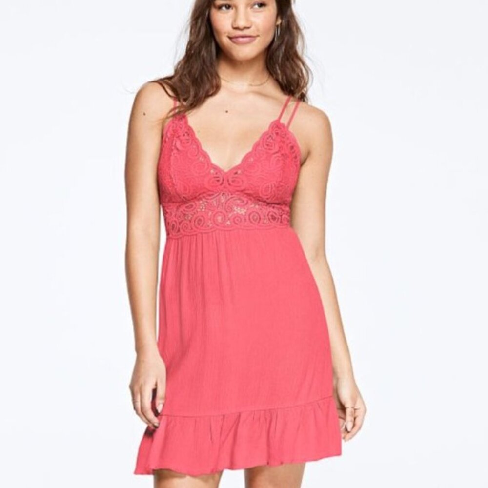 NWT Victoria's Secret PINK Poppy Pink Mini Dress Crochet Lace Ruffled Crossback